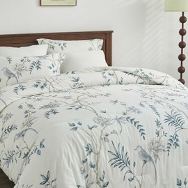 Finlonte Queen Comforter Set, Floral Birds Comforter Queen Size, 100% Cotton Fluffy Cooling Comforter Bed Set, Vintage Vine Lightweight Quilted Comforter All Season, White/Blue, 90"x90"