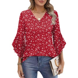 OFEEFAN Shirts for Women Dressy Casual V Neck Women's Tops 3/4 Sleeve Bell Sleeve Tops for Women Womens Fashion Red L