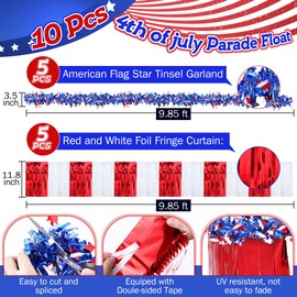 Meonum 10 Pcs 4th of July Parade Float Decorations, American Flag Float Fringes and Patriotic Tinsel Garlands, Red White Blue Garland for Independence Day Memorial Day Decoration (Star)