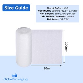 Globe Packaging 300mm x 10m Mini Bubble Wrap Roll with Small Air Bubbles - Cushioning & Protection Packaging for Moving House, Ecommerce and Storage