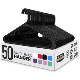 Utopia Home Plastic Hangers 50 Pack - Space Saving Clothes Hanger - Durable & Strong Closet Organizers and Storage with Built-in Strap Hooks - Essential for Shirts, Pants, Skirts & Coats (Black)