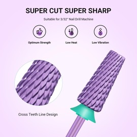MelodySusie Super Cut Edition 5 in 1 Nail Drill Bits, 3/32'' Carbide Tungsten Multi-function Bits, Suitable for Manicure Pedicure Cuticle Gel Polishing, Purple, Series Bit-M, C