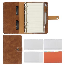 Simpolor Leather A6 Ring Binder Notebook, 6 Rings with Refill Paper, Binder Pockets and Subject Divider Paper Sheet, Travel Binder Journal Personal Planner with Ring Binder, Brown