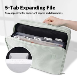 SUNEE Zipper Binder Bag with Handle, 2-Inch 3-Ring O-Ring, 500-Sheet Capacity, Includes Zip Pocket, 5-Tab Expanding File Folder, Multi-Pocket Organizer Binder for Middle School, Sage Green