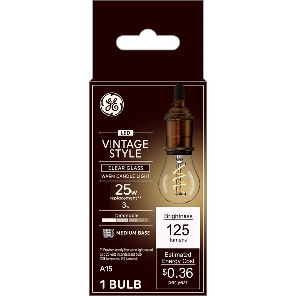 GE Lighting Vintage Style LED Light Bulb, 3 Watts (25 Watt Equivalent) Warm Candle Light, Clear Glass, Medium Base, Dimmable (1 Pack)