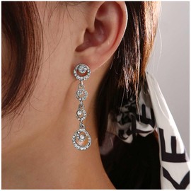 Yheakne Boho Crystal Circle Drop Earrings Silver Rhinestone Dangle Earrings Vintage Hollow Circle Chandelier Earrings Sparkly Cz Tassel Earrings Jewelry for Women and Girls