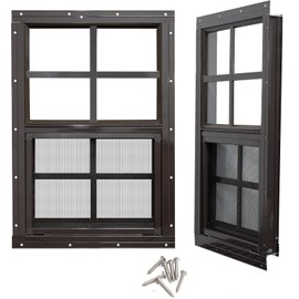 NeatiEase 2 Pack Shed Windows with Black Frame, 24x27 Flush Mount Small Window with Tempered Glass and Fiberglass Screen for Shed, Chicken Coop, Playhouse, Household, Garage (Brown)