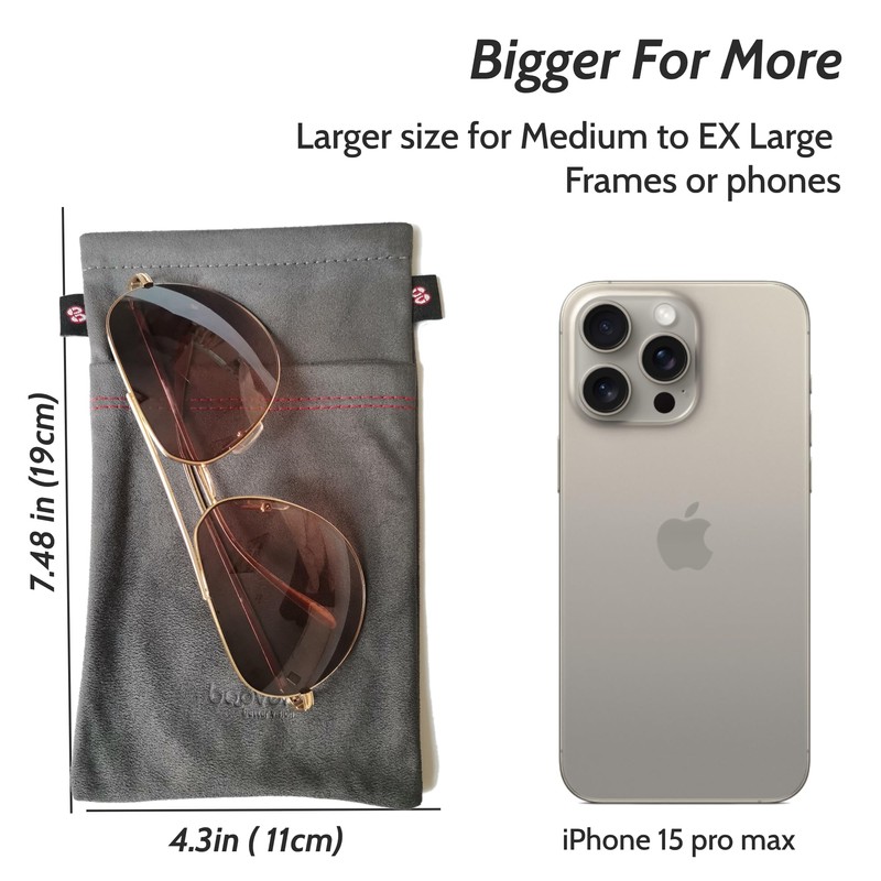 bqover Large Double Microfiber Suede Pouch, Soft Squeeze Top Eyeglasses/Sunglasses