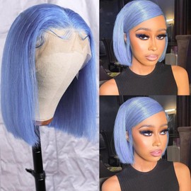 Bob Lace Front Human Hair Wigs for Women Full 13X6 HD Frontal Bob Wigs Human Hair Pre Plucked Bleached Knots 180% Density Light Blue Bleached Knots Lace Front Bob Wigs Middle Part 10in