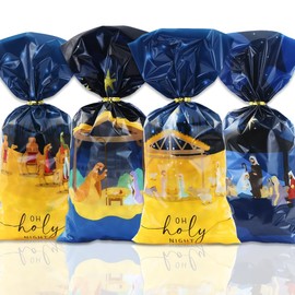 100 Pack Holy Nativity Cellophane Gift Bag, 4 Designs Religious Christmas Plastic Treat Bag Xmas Nativity Cello Goody Bags with Ties for Holy Nativity Religious Christmas Party