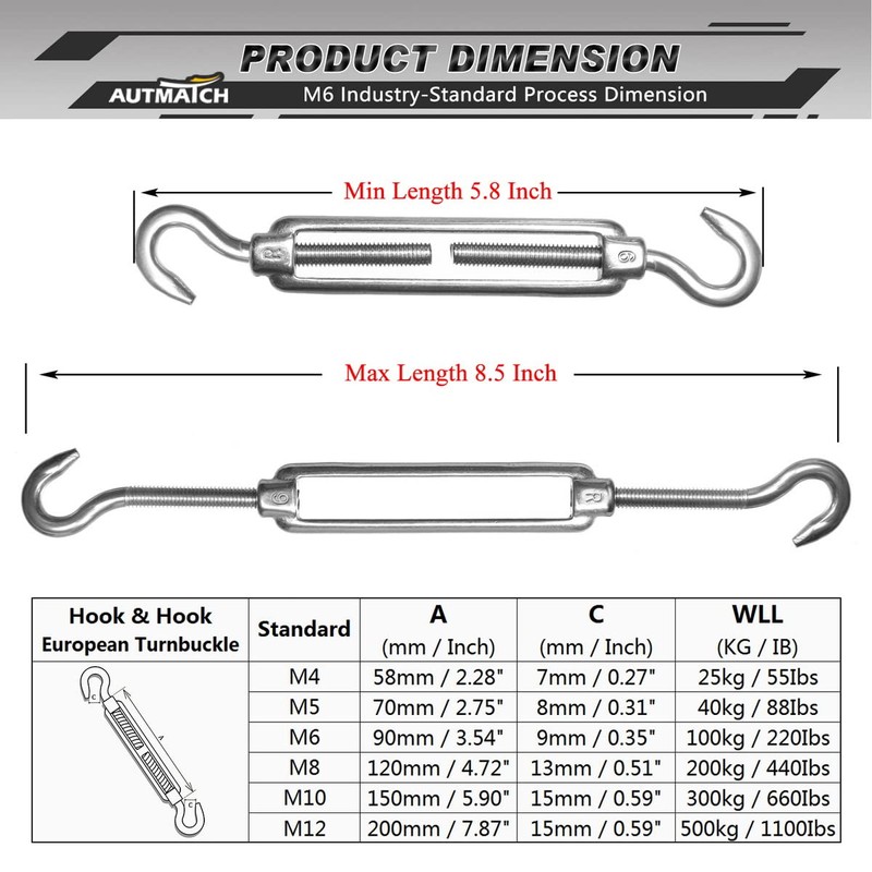 AUTMATCH M6 Turnbuckle Hook and Hook, Turnbuckle 304 Stainless Steel,