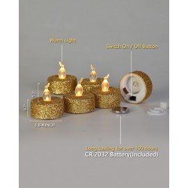 ONEIHOMM Gold Flameless Tealight Candles with Timer,Glitter Battery Operated Tea Lights for Event, Christmas Decorations,Anniversary,Wedding, Built-in 6 Hours,12 Pack