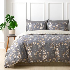 Tokokimo Duvet Cover Set - Bedding Sets Double Reversible, Gold Floral Microfiber Duvet Cover with Pillow Cases, Gifts for Mom Dad Bedroom Decor (Flowers, Grey, Double 200x200 cm)