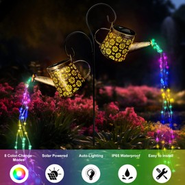 Solar Watering Can Lights Outdoor, IP65 Waterproof Garden Decor Solar Garden Lights 8 Multi-Color Changing Modes One Pole Two Lights Outdoor Decorations for Yard, Lawn, Patio