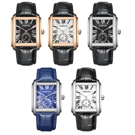 JewelryWe Men's Watches Analogue Quartz Calendar 30 m Waterproof Watch Roman Numerals Rectangular Business Casual Watch with Genuine Leather Strap, 5 pieces., Strap.