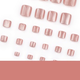 Short Square Press on Toenails Light Pink Fake Toe Nails Press ons with Acrylic Design Glitter Full Cover Glossy Summer False Toenails Reusable Shiny Stick on Toenails for Women 24Pcs