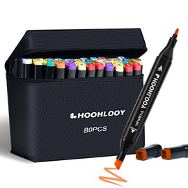 HOOHLOOY 80 Colors Upgraded Alcohol Marker Set, Brush Chisel Double Head Art Marker for Artists Adult Coloring, Sketching, Painting, Comes w/ 1 Case