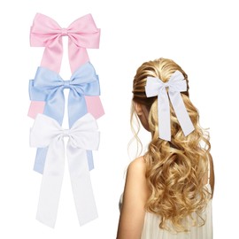 3Pcs Hair Bows, Hair Ribbons for Women, Satin Bow Hair Clips for Women Girls Hair Accessories Hair Barrettes(White, Cherry Pink, Ligth Blue)