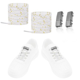 LT Easiyl 1 Pair No Tie Elastic Shoelaces Gunmetal Grey Magnetic Buckle & White Shoelaces Tieless Lazy Laces fit Sneakers Canvas Boots for Cycling Walking Traveling