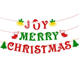 Elicola Merry Christmas Banner with JOY Sign Bunting Xmas Ornament Backdrop for Wall Office Fireplace Tree Party Decorations, No Assembly Required