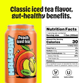 HALFDAY Prebiotic Peach Iced Tea Cans, 12 Pack, Supports Digestive Health & Gut Health, 8g Plant Fiber & Prebiotics, Gluten Free, Paleo, Low Calorie, Low Sugar, Organic Tea, 12 fl oz, 355 mL