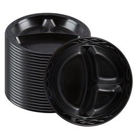 Restaurantware RW Base 9 Inch Microwavable Food Plates, 50 Round Plastic Plates - 3 Compartments, Disposable, Black Plastic Dinner Plates, Serve Hot And Cold Foods, For Restaurants And Cafes