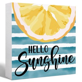 Hello Summer Lemon Wood Box Sign Lemon Theme Decor Wooden Block Sign Desk Décor for Home Kitchen Office Desk Cubicle Table Shelf Tabletop Décor,Farmshouse Summer Lemon Sign Decor