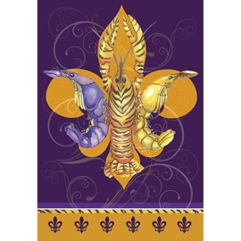 Black and Gold Color Crawfish on Fleur de Lis 18 x 13 Rectangular Screenprint Small Garden Flag