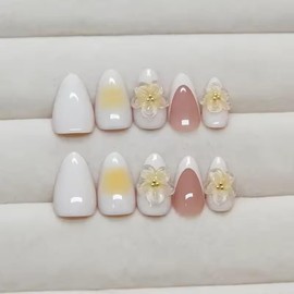 French Tip Press On Nails, Almond Shape with 3D Flower Design, Nude and White