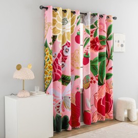 Tyrot Pink Boho Floral Blackout Curtains for Girls Bedroom 84 inch Long 2 Panels Butterfly Botanical Black Out Curtains for Living Room Grommet Thermal Insulated Room Darkening Window Drapes,52Wx84L