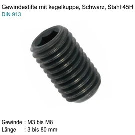 Grub Screws / Grub Screws M6 x 4 mm Black 45H - DIN 913 - with Cone Point and Hexagon Socket - Metric Thread M6, Length: 4 mm, Quantity: 50 Pieces)