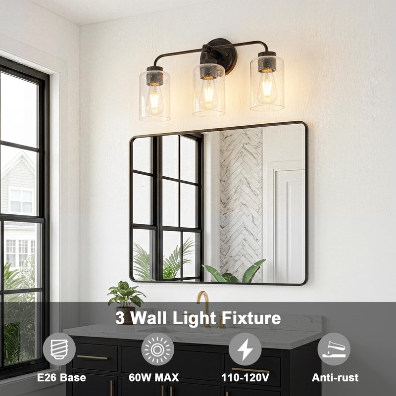 ALAISLYC 3-Light Bathroom Vanity Light Fixtures, 18 Inch Black Vanity