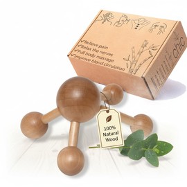 Natural Wood Handheld Massager - Relaxing Muscle Relief, Revitalizing Scrubbing Roller - Soothing Back & Body Therapy Tool - Bodycare Hand Spider - Mr Happy Wooden Ball Massager