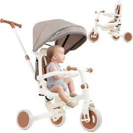 Toddler Tricycle, 7 in 1 Folding Kids Trike for 1-6 Years Old Boys and Girls Gift, Balance Bike with Removable Pedal, Canopy, and Guardrail, Adjustable Push Handle and Seat Height (Ivory-New)