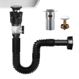TSIBOMU Flexible Sink Drain Pipe Kits,Adjustable Bathroom Sink P Trap with Overflow Fits 1-1/4",1-1/2"and 2" Drain Hole,Chrome