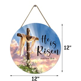 VELLOW He is Risen Religious Easter Door Decorations Easter Cross Hanging Sign Home Porch Wall Spring Decorations Easter Party Supplies 12x12 inch