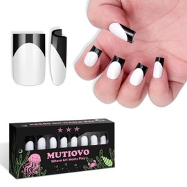 Halloween Press on Nails Kit Short Square Black French White, 30Pcs 15 Sizes False Nails, 3ml Semi-Solid Quick Dry Nail Glue, 48 Jelly Tabs & Professional Prep Kit for Adult DIY Manicure