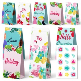 EMOME 20 Packs Hawaiian Party Favor Bags, Flamingo Summer Tropical Aloha Paper Bag with Stickers, Goodies Treat Gift Bags for Hawaiian Tiki Luau Beach Pool Party Supplies