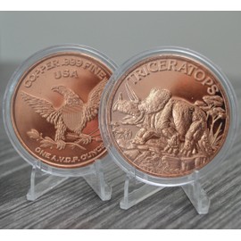 Triceratops Dinosaur 1 oz Pure .999 Copper Round Collecticble 39mm Challenge Coin in Capsule - COA by Heavenly Metals