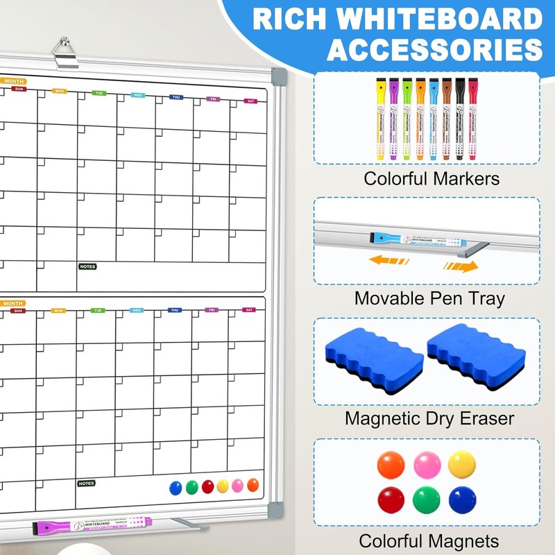 Calendar Whiteboard for Wall 36" x 24", 4 Month Magnetic