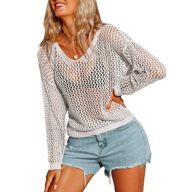 AI'MAGE Womens Crochet Tops Long Sleeve Hollow Out Swim Cover Up 2024 Beach Bikini Swimsuit Summer Tunic Top White