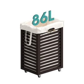 Laundry Hamper with Wheels, 22.7 Gallon (86L) Bamboo Wood Clothes Laundry Basket with Handles, Removable Liner
