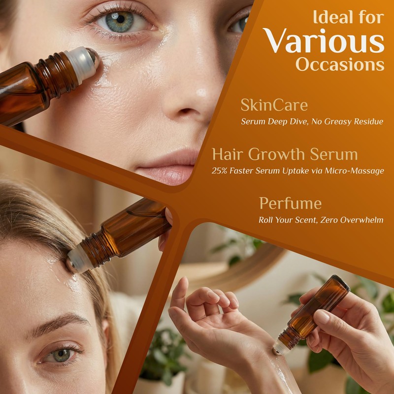 PrettyCare Set of 24, 10 ml Amber Glass Roller Bottles