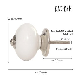 Knober 10 pieces in white ALBA white, decorated, stainless steel fitting, furniture knobs, 40 mm knob, metric thread M3