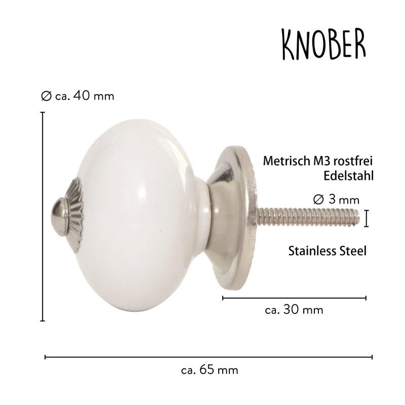 Knober 10 pieces in white ALBA white, decorated, stainless steel