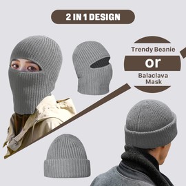 BROKIG Skull Cap 2 in 1 Black Balaclava Ski Mask Winter Balaclava Mask Warm Face Mask and Beanie Has for Men Headwear(Light Grey,1)