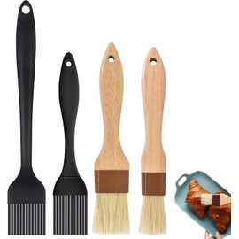 Brocha Para Cocina, Juego de 4 Pinceles Culinarios, Cepillos de Silicona y Cerdas Naturales para Hornear y Parrilla, Diseño Ergonómico con Mango de Madera para Uso Diario en Cocina