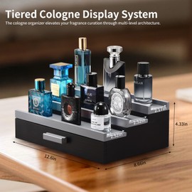 GLOKUUCA Perfume Organizer for Men, 3 Tier Wood Perfume Display Stand with Velvet Lining Drawer and Hidden Compartment for Watch,Jewelry,Perfume Display Risers,A Gift for Men (Black+Gray)