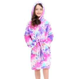 Doctor Unicorn Soft Hooded Rainbow Bathrobe Sleepwear for Girls (Purple Tie-Dye, 4-5T)
