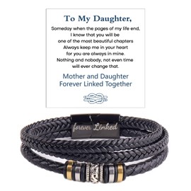 Mother and Daughter Forever Linked Together Braided Leather Bracelet, Inspirational Wristband for Women Stainless Steel Infinity Knot Engraved Leather Bangle Daughter Gift from Mom(Beads Forever Linked)